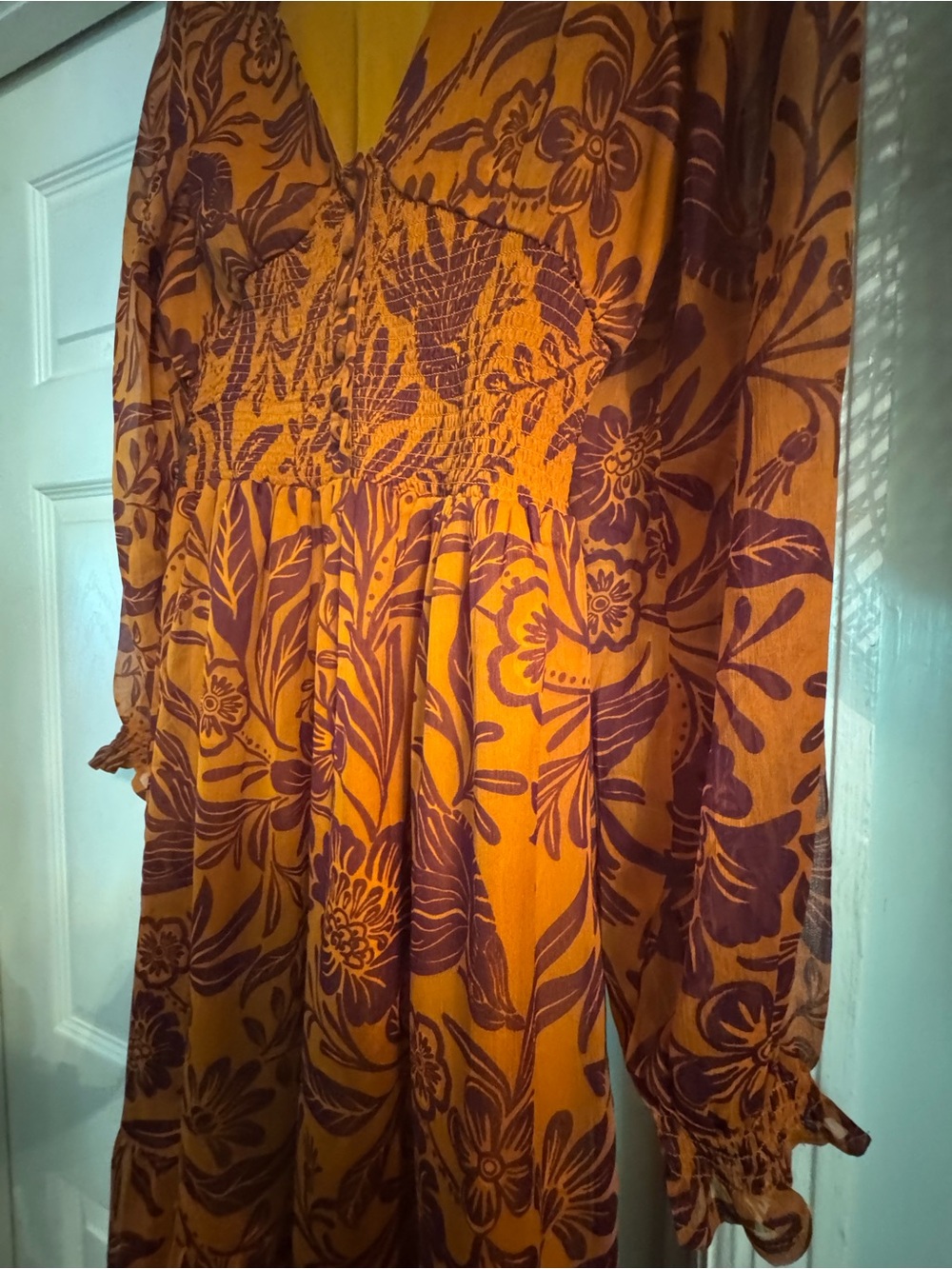 Boho Floral Smocked Maxi Dress - Orange - Picture 4 of 7